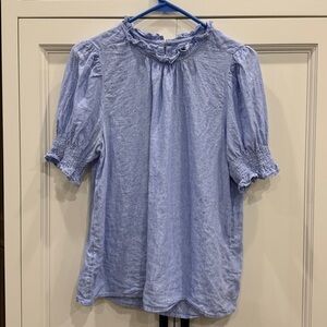 J.Crew Smocked Puff Sleeve 100 % Linen Top blouse in Light Blue. Womens Medium.